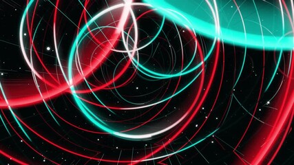 Modern motion design vj loop bg flying through the art space from glowing circles lines with neon light. looped beautiful creative background vivid green red colors. Motion graphic. Structure