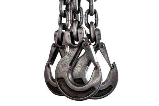 Three large metal hooks with chains are suspended in the air against a plain white background, showcasing their sturdy build for heavy lifting.