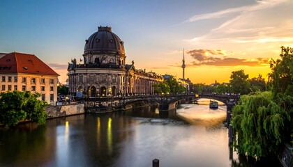 Fototapeta premium Sunset view of a building with a dome over a river