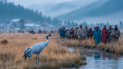 Black-necked cranes feeding peacefully in the wetlands of Phobjikha Valley during the festival. Nearby, locals dressed in traditional attire observe quietly, showing deep respect for nature. 