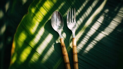 Bamboo cutlery on tropical leaf background