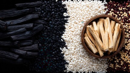 Assortment of exotic rice dried spices in rustic arrangement