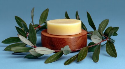 Natural soap with eucalyptus leaves on wood background