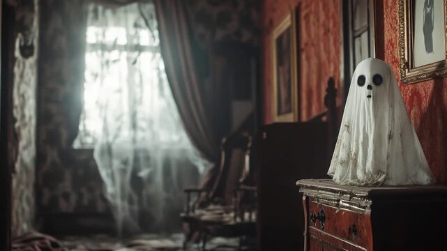 A ghost sitting on top of a dresser in a room, suitable for Halloween-themed designs or spooky atmosphere