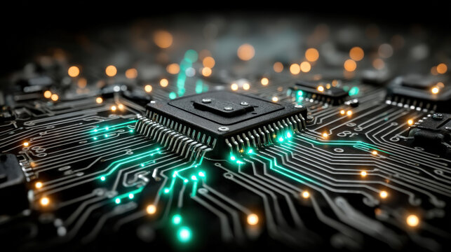 Close-up of computer processor with glowing circuit lines and microchip details