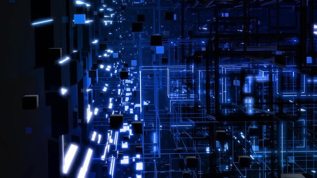 3d looped abstract background with data blocks. Information technology concept with data flow. Blue dark sci fi bg fly through hi tech digital space, neon light. Data flow in blockchain or bigdata.