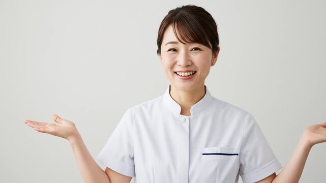 Woman in white uniform with hands outstretched