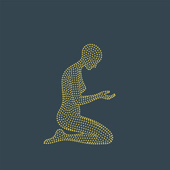 Fototapeta premium Minimalist digital representation of a person kneeling with hands raised in a prayer or meditation pose, composed of small dots on a dark