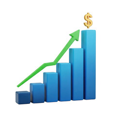 3d financial growth bar chart with upward arrow and dollar symbol isolated on transparent background