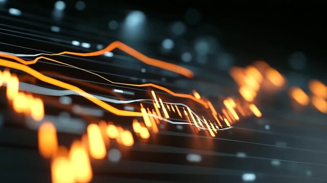 A glowing 3D rendered analytics dashboard pulses with layers of trend lines and candlestick graphs robotic precision adjusting parameters in real time. Bright neon accents