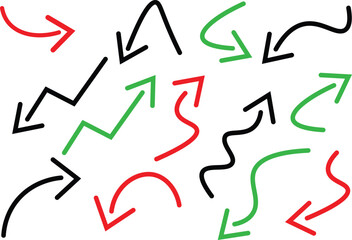 Colorful hand drawn arrow set vector illustration with red, green, and black sketch doodle style icons, perfect for presentations, diagrams, infographics, and creative digital design elements.