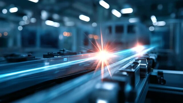 A futuristic factory display glows with Industrial IoT visuals smart manufacturing tools shining across a holographic production line. Atmosphere of innovation precision and mod