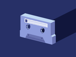 Single Cassette Tape Standing with Light, Blue Tone, Pixel Flat Style Illustration