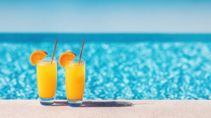 Refreshing orange cocktails sunny pool
