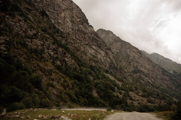 road, rock walls, bushes and low gray sky