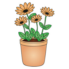 Potted Orange Gerbera Daisy Flowers in Terracotta Pot Vector Illustration