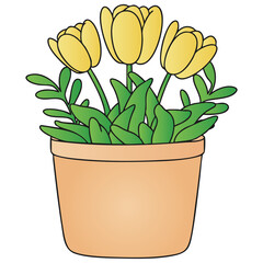 Three Yellow Tulip Flowers in Terracotta Pot Vector Illustration