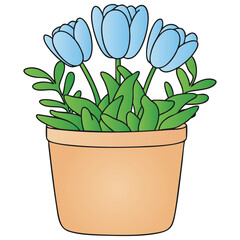 Three Blue Tulip Flowers in Terracotta Pot Vector Illustration