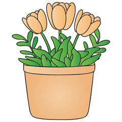 Three Orange Tulip Flowers in Terracotta Pot Vector Illustration
