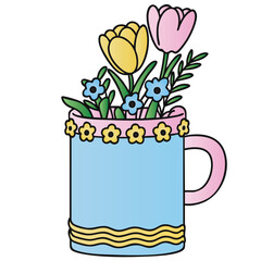 Colorful Tulip Flowers in Decorative Mug Planter Vector Illustration