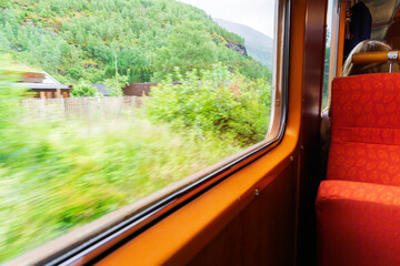 Personal perspective of a passenger traveling on the Flam Railway, enjoying the green Norwegian landscape from the window.