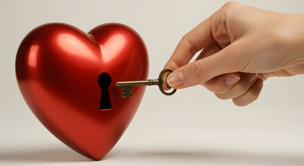 Female Hand Unlocking Red Metallic Heart with Vintage Key