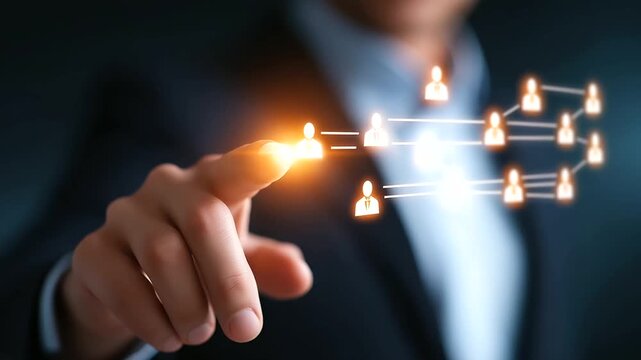 A radiant HR platform glows with recruitment visuals glowing charts and candidate icons appearing dynamically. A businessman presses a luminous button to activate selection