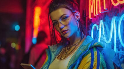 Fototapeta premium Candid scene, neon-lit atmosphere, foldable phone, young woman, cyberpunk attire
