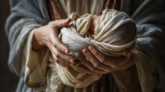Mary&rsquo;s hands gently holding the swaddling clothes of the baby, reverent and full of love, cinematic close-up capturing tender, sacred, and emotional Christmas moment.