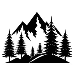 Obraz premium Black silhouette of majestic mountains and evergreen pine trees in a natural landscape