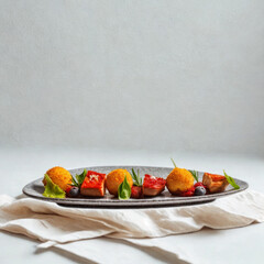 Artfully arranged appetizers on a platter with fresh garnishes