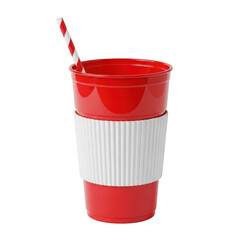 3d realistic red tumbler cup with white grip and striped straw isolated on transparent background