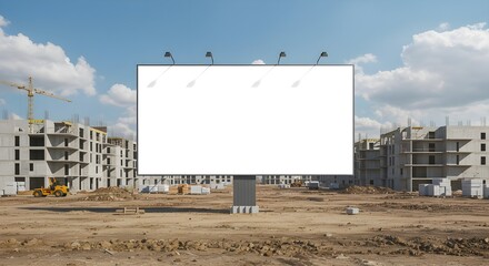 Obraz premium Triple billboard structure with blank white boards in front of half-built concrete building, bright sunny weather.