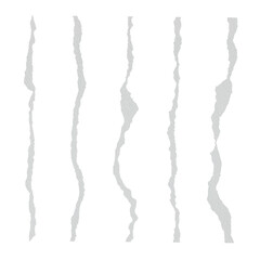 Five vertical light gray strips with jagged, torn edges on a white background, resembling ripped paper or fabric elements.