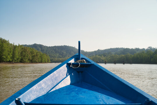Image of the bow of the boat that takes you to Bako National Park on the Sungai Tabo Tabo River. Sarawak, Borneo, Malaysia.