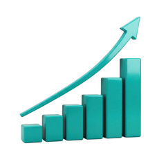 3d teal bar chart with upward trend arrow representing growth isolated on transparent background