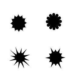 Four distinct black abstract starburst shapes and spiky explosion icons isolated on transparent background