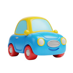 3d cartoon toy car with smiling face and bright colors isolated on transparent background