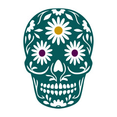 Day of the Dead Teal Floral Sugar Skull Dia de los Muertos Day of the Dead Solid black sugar skull with symmetrical floral patterns