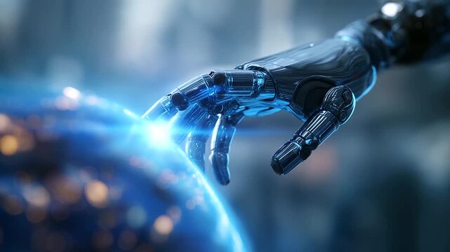 A robotic hand polished steel glowing under cool blue neon extends toward a massive holographic globe. Across its surface glowing data highways and luminous markets shift in rea