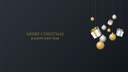 3D golden and silver Christmas balls and gift boxes hanging with Merry Christmas and Happy New Year calligraphy on black background graphic illustration have blank space.