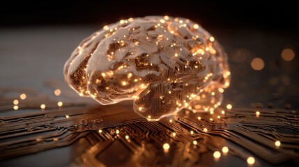 A detailed representation of a brain made of circuitry illuminated by glowing lights. This scene conveys the fusion of technology and cognitive function in modern innovations.