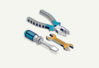 Repair and maintenance concept, technics service, tools in 3D isometric projection vector illustration, technical mechanical workshop.