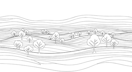 Abstract line drawing of rolling hills with sparse trees and dotted patterns.