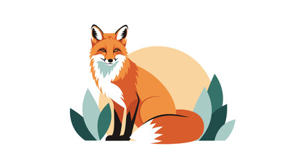 Fototapeta premium A stylized illustration of a fox sitting peacefully in a natural setting with soft vegetation and a large circular sun.