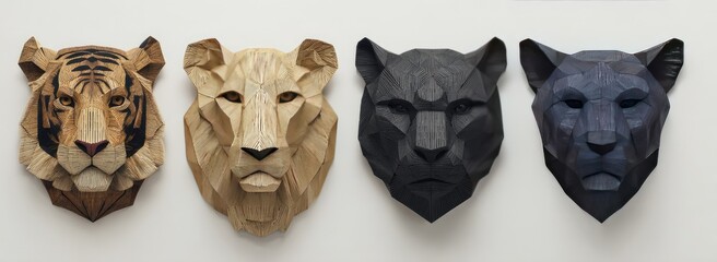 Geometric animal head sculptures, including tiger, lioness, and panther in wood and abstract designs
