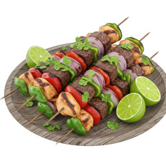 3d realistic beef and vegetable skewers with lime garnish on wooden plate isolated on transparent background