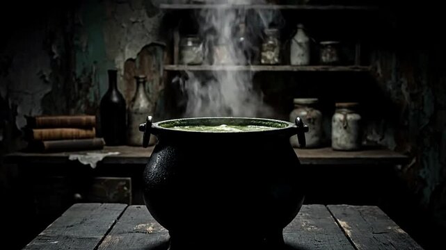 Old witch cauldron boiling with smoke in dark haunted room background