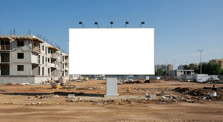 Obraz premium Large blank billboard with metal frame standing on construction ground under blue sky, ready for advertisement or branding display.