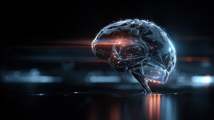 A digital artwork displays a glowing brain representation surrounded by light streaks in a dark environment, emphasizing neural activity and creativity.